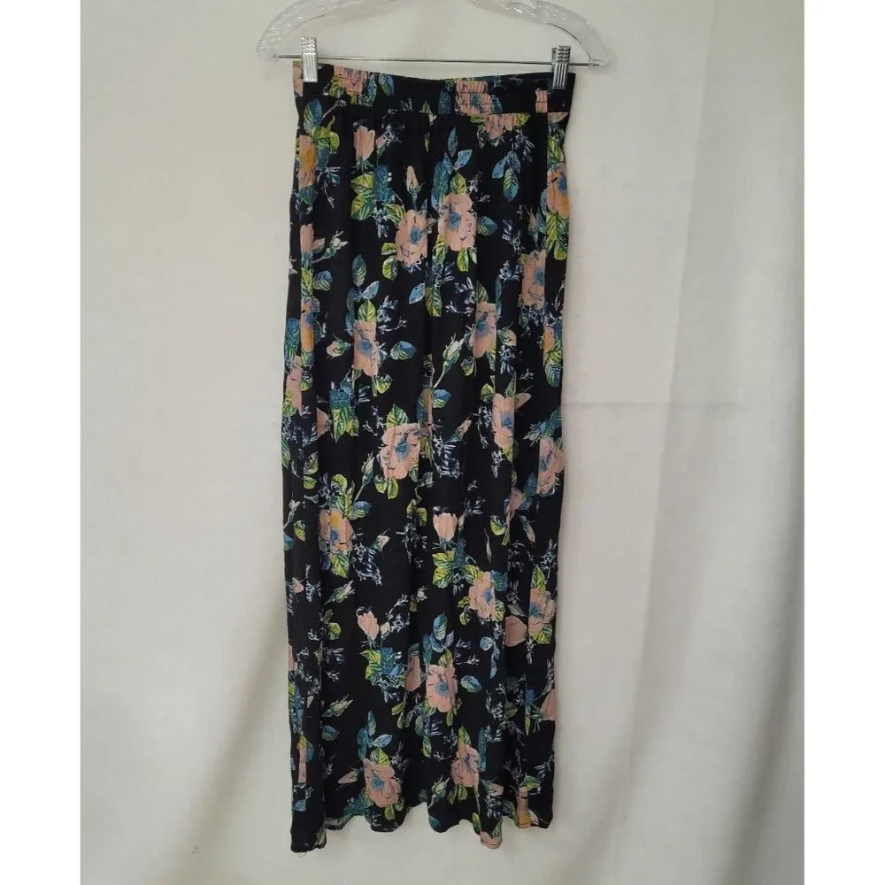 Xhilaration‎ Skirt Womens XS Black Floral Slit Font Pull On Tie Side Midi Rayon
